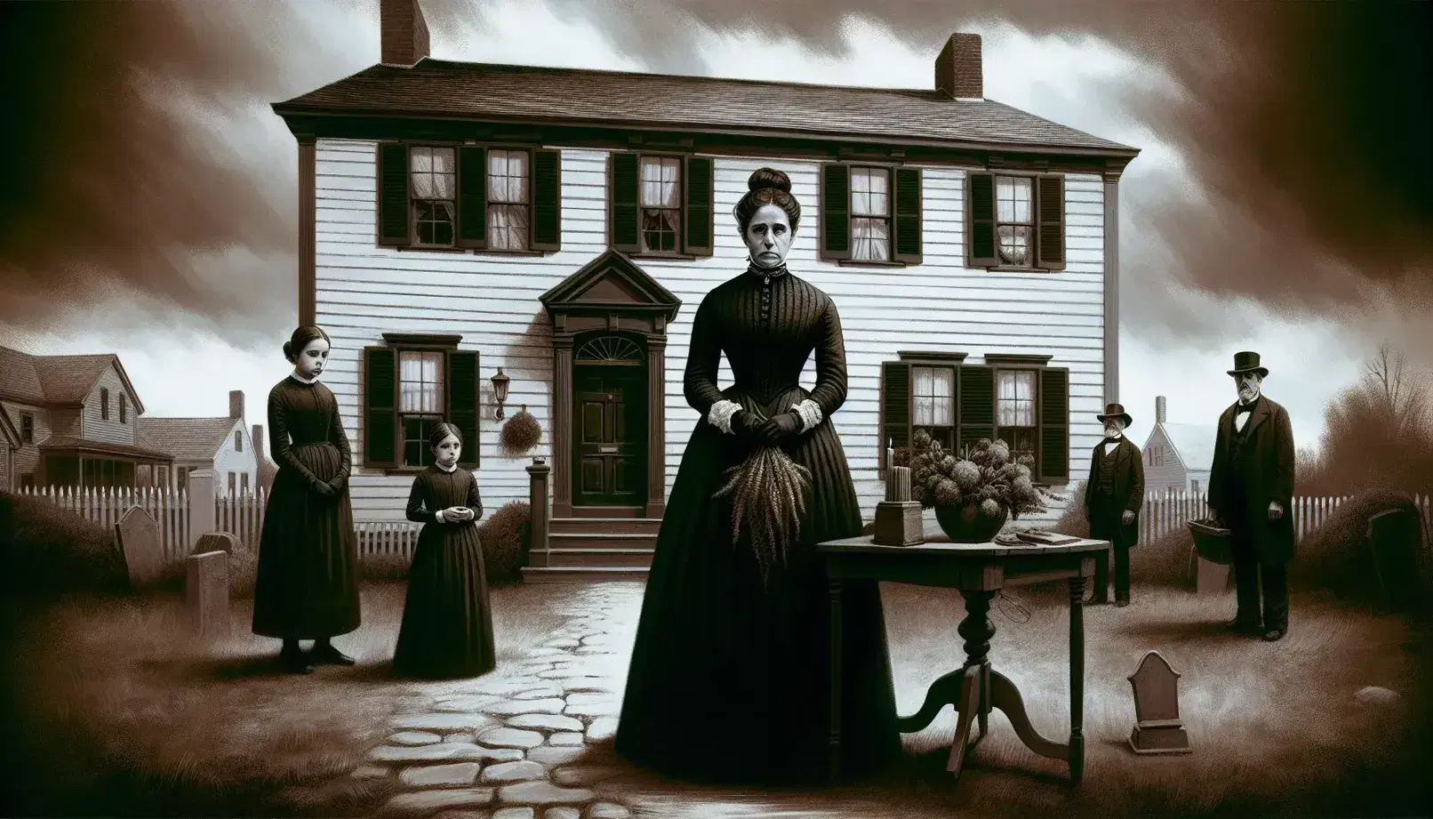 Mujer de mediana edad en luto con pañuelo negro y dos niñas serias frente a casa colonial desgastada, hombre mayor observa a distancia, cielo nublado.