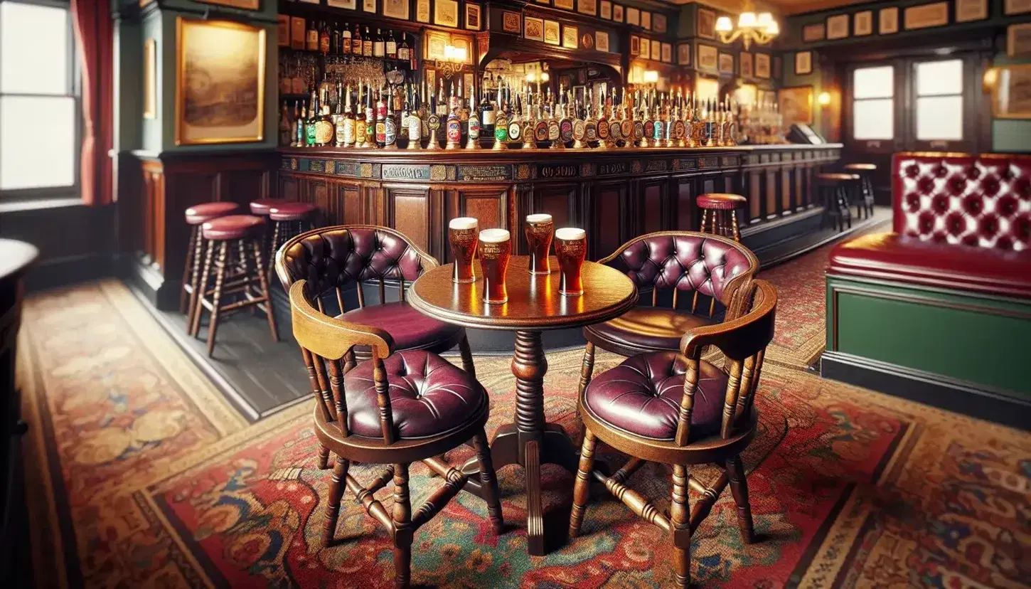 Traditional British pub interior with wooden chairs, a table with pint glasses of beer, a mahogany bar with bottles, and patterned carpet.