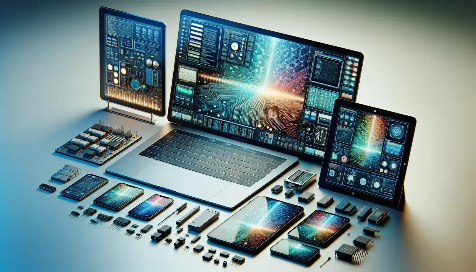 Dispositivos electrónicos modernos sobre superficie clara, incluyendo portátil abierto, tablet digital, smartphone y monitor con circuito impreso, acompañados de componentes electrónicos variados.