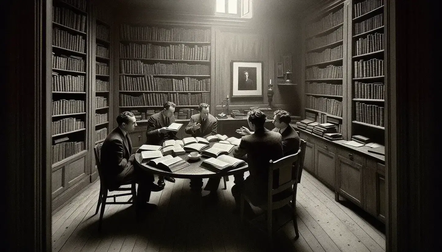 Vintage black and white photo of a small group engaged in a discussion around a table with open books, in a room with a bookshelf and a framed portrait.