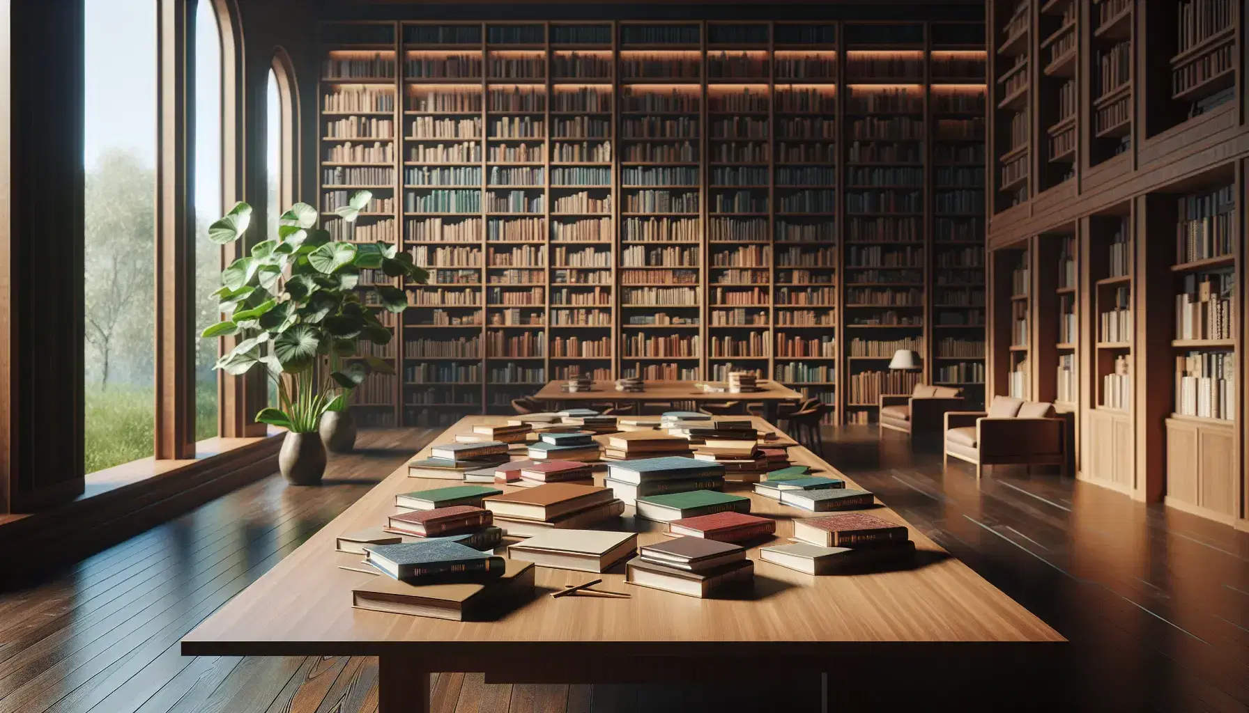 Biblioteca espaciosa con mesa de madera y libros desordenados, estanterías llenas y planta verde, iluminada por luz natural.