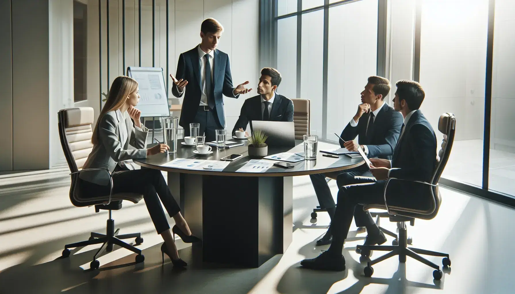 Cuatro profesionales en reunión de trabajo alrededor de una mesa redonda con laptop, móviles, papeles y bebidas, en una oficina iluminada.