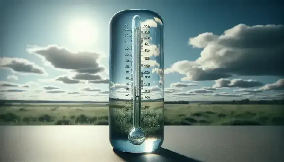 Termometro a mercurio su sfondo di campo verde e cielo azzurro, mercurio a metà scala, luce diffusa senza ombre forti.