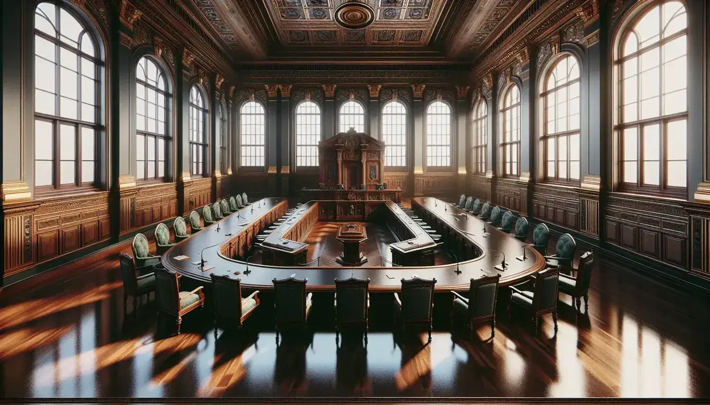 Sala solenne di un edificio governativo con scrivania ovale in legno, sedie imbottite verdi e podio, illuminata da grandi finestre ad arco.