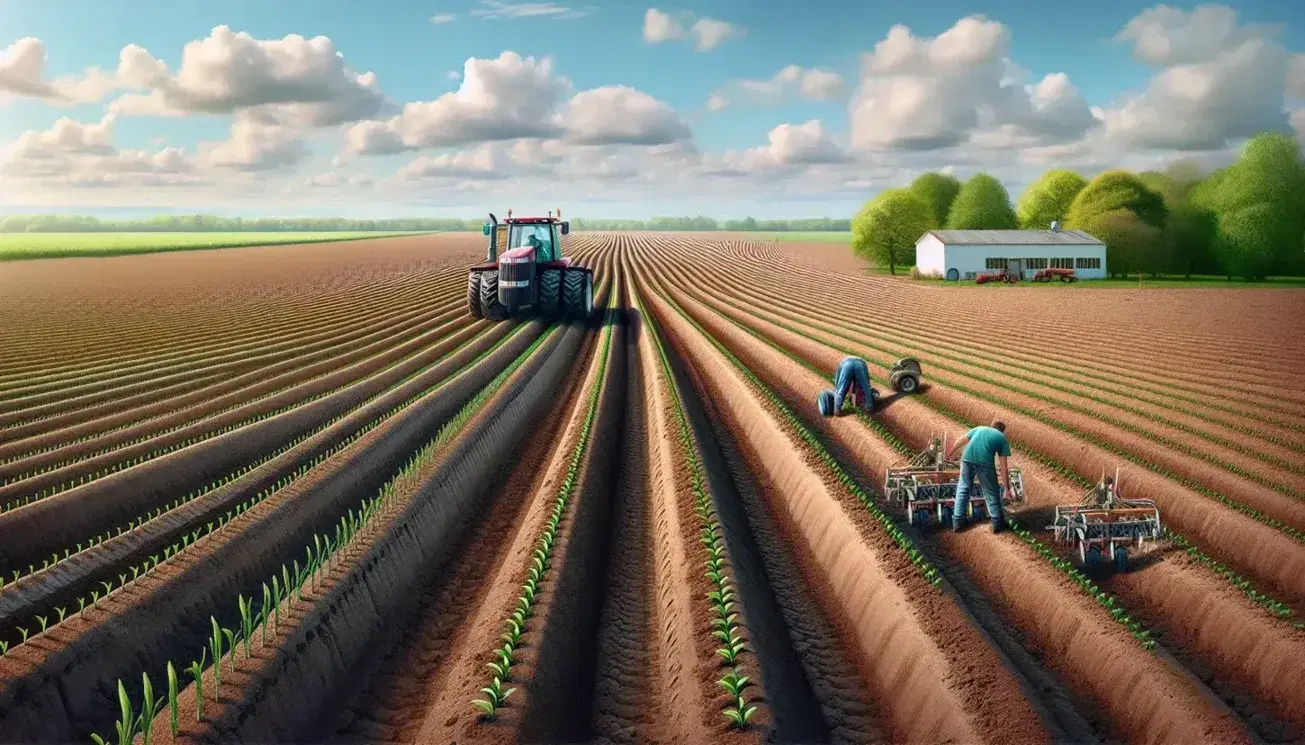 Campo agrícola recién arado con plantas emergentes, tractor rojo y trabajadores inspeccionando cultivos bajo cielo azul con nubes.