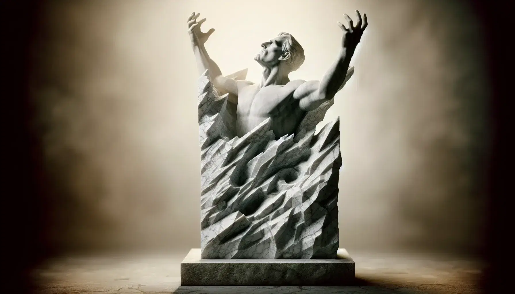 Scultura in marmo di uomo che emerge da blocco grezzo con torso definito e braccia alzate su piedistallo di pietra.