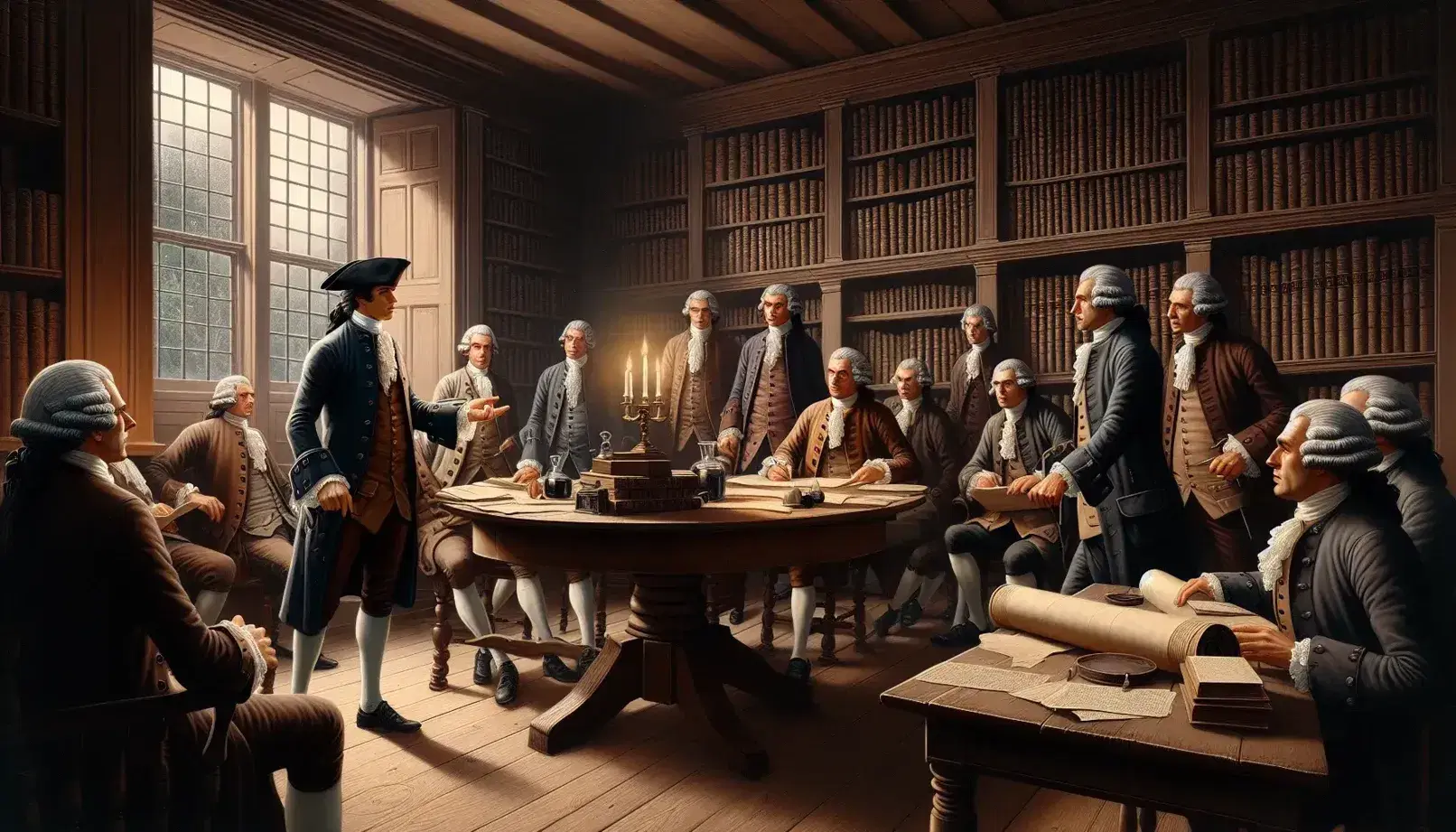 Late 18th-century scene with men in period attire engaged in debate around a wooden table with quill pens, inkwells, and parchment in a book-lined room.