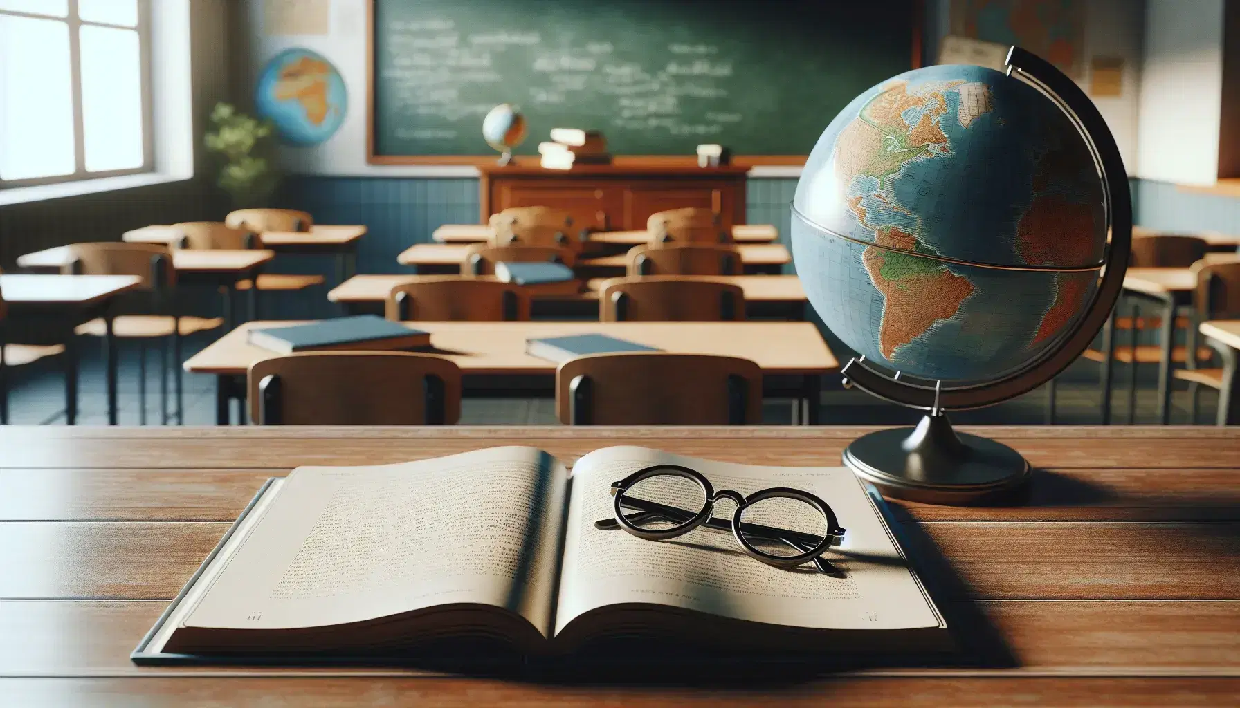 Classroom with a teacher's desk, open textbook, round-lensed eyeglasses, and a chalkboard, alongside a globe and rows of empty student desks, in a serene learning environment.