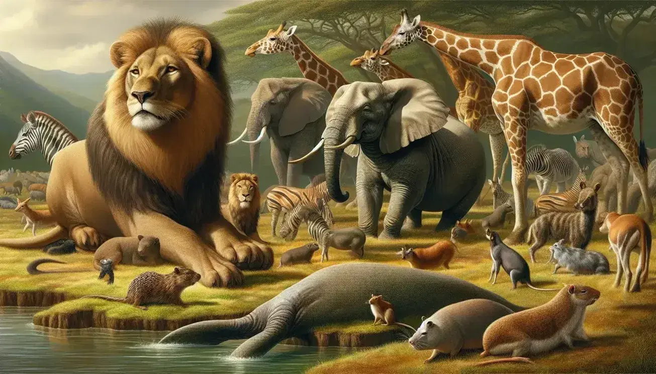 Leone sdraiato, elefante con zanne, giraffa che si nutre, zebre al pascolo, marmotta in allerta e delfino che salta in un paesaggio naturale variopinto.