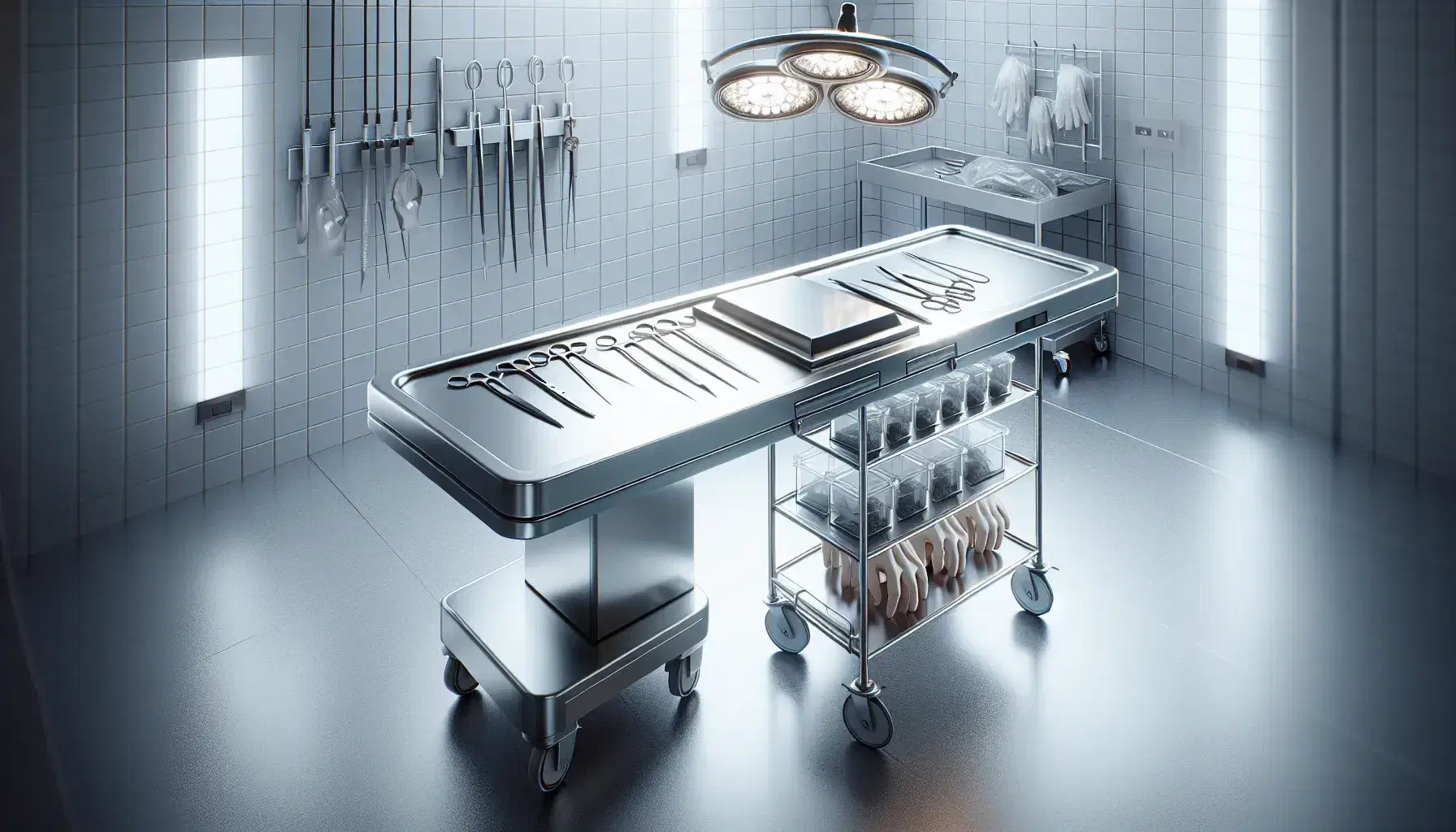 Mesa de autopsia de acero inoxidable con bordes elevados y drenaje, instrumentos quirúrgicos ordenados y guantes de látex en un carrito, en una sala de autopsias iluminada y estéril.