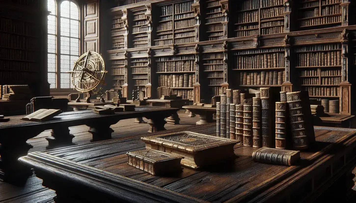 Biblioteca antigua con mesa de madera oscura, libros de cuero desgastados, estantería repleta y esfera armilar metálica bajo luz natural.