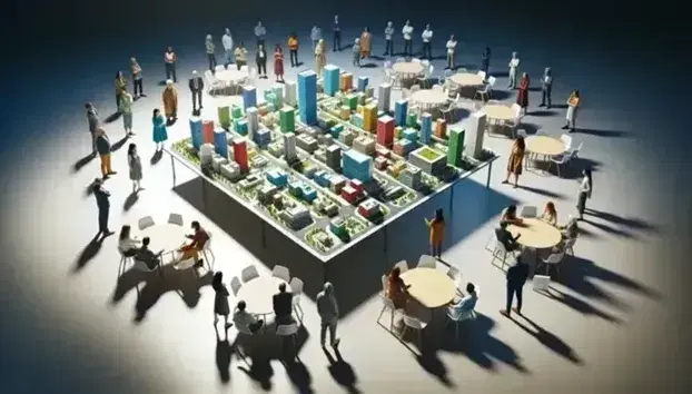 Grupo diverso de personas discutiendo alrededor de una maqueta tridimensional de una ciudad con edificios coloridos, calles y áreas verdes en una mesa redonda.