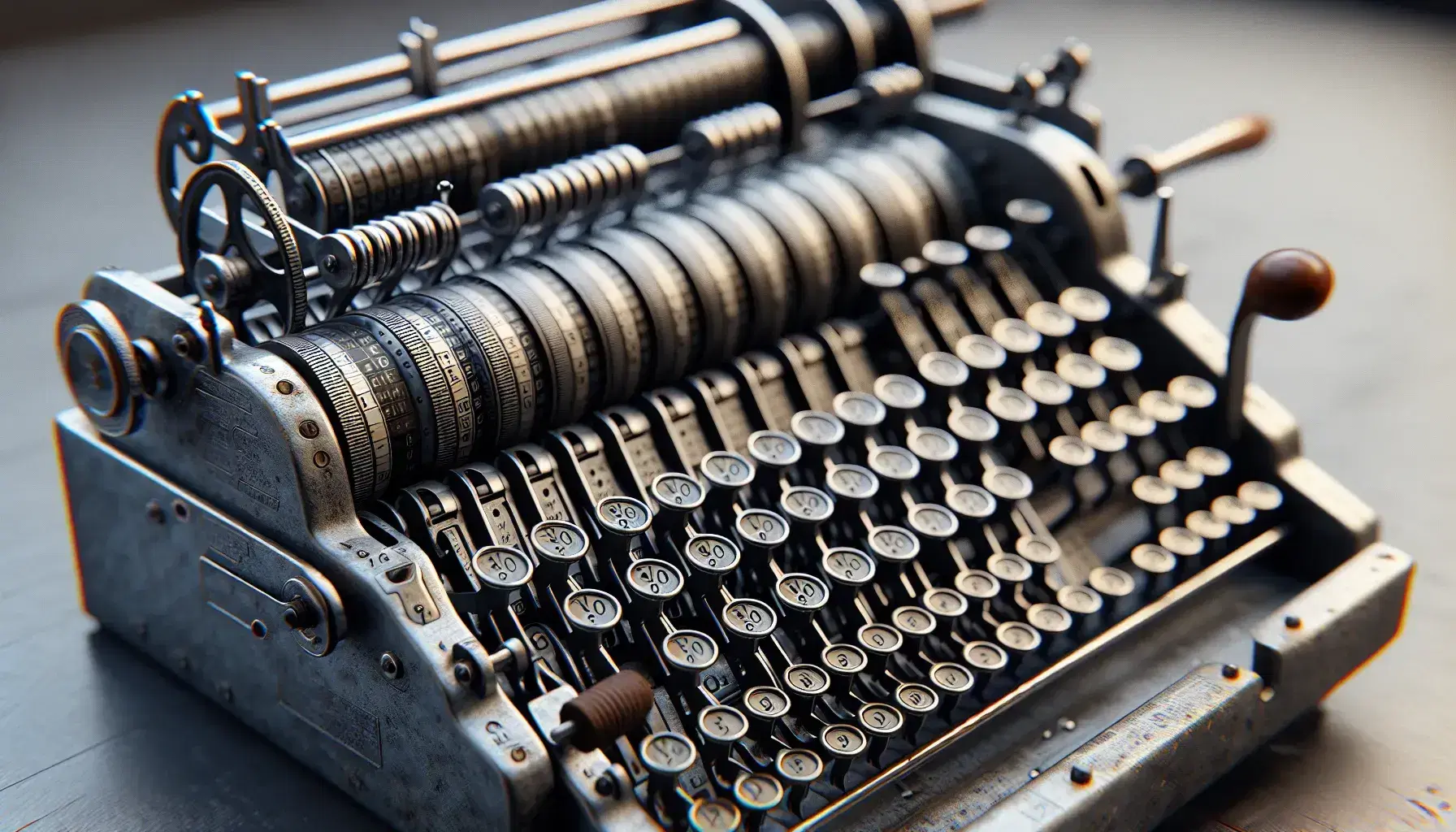 Vintage mechanical adding machine with worn keys and levers, indicative of heavy use, featuring a partially turned crank handle and a blank paper roll.