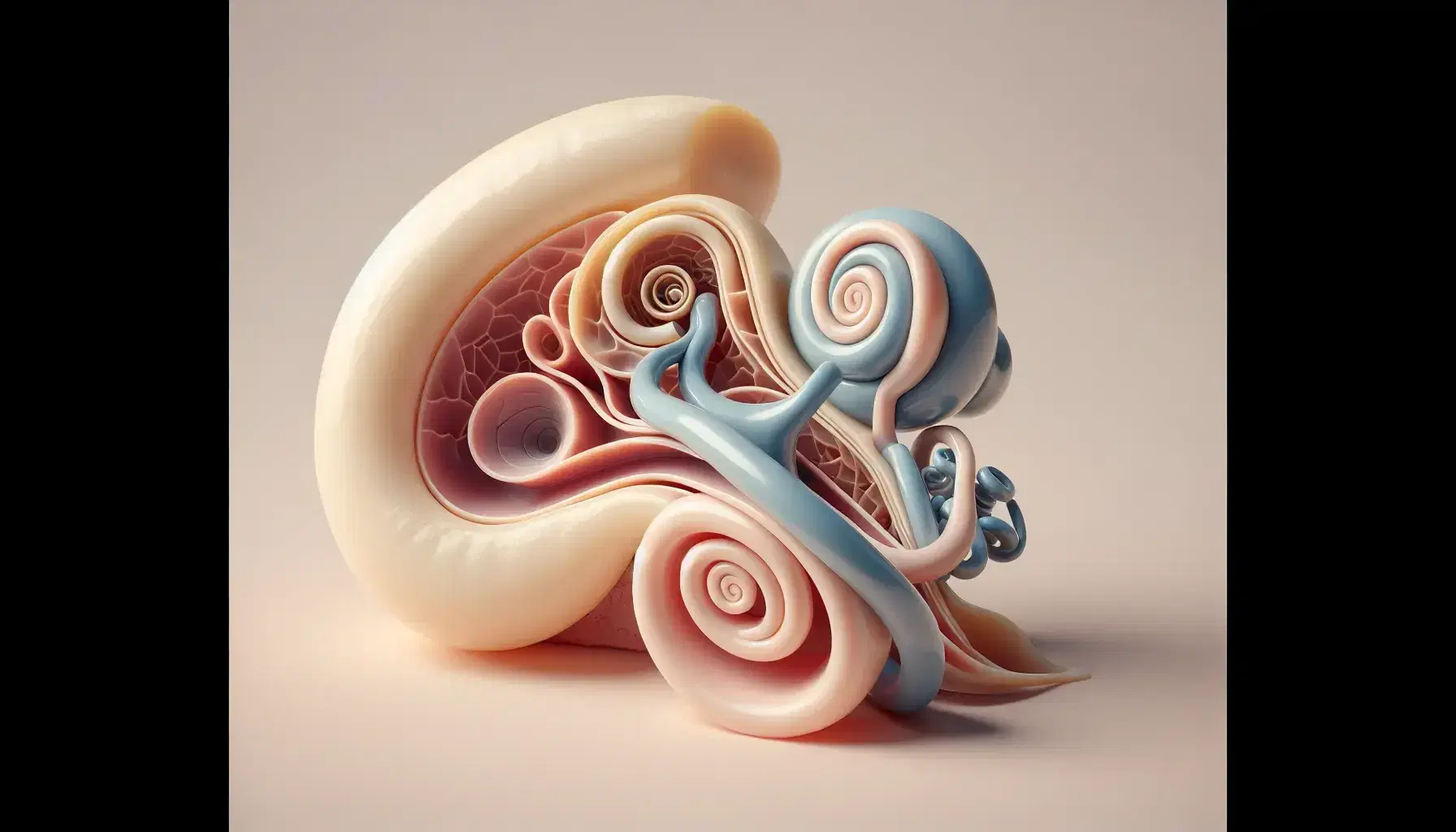 Modelo 3D del oído interno humano mostrando la cóclea seccionada y los canales semicirculares en tonos beige y azul pálido.