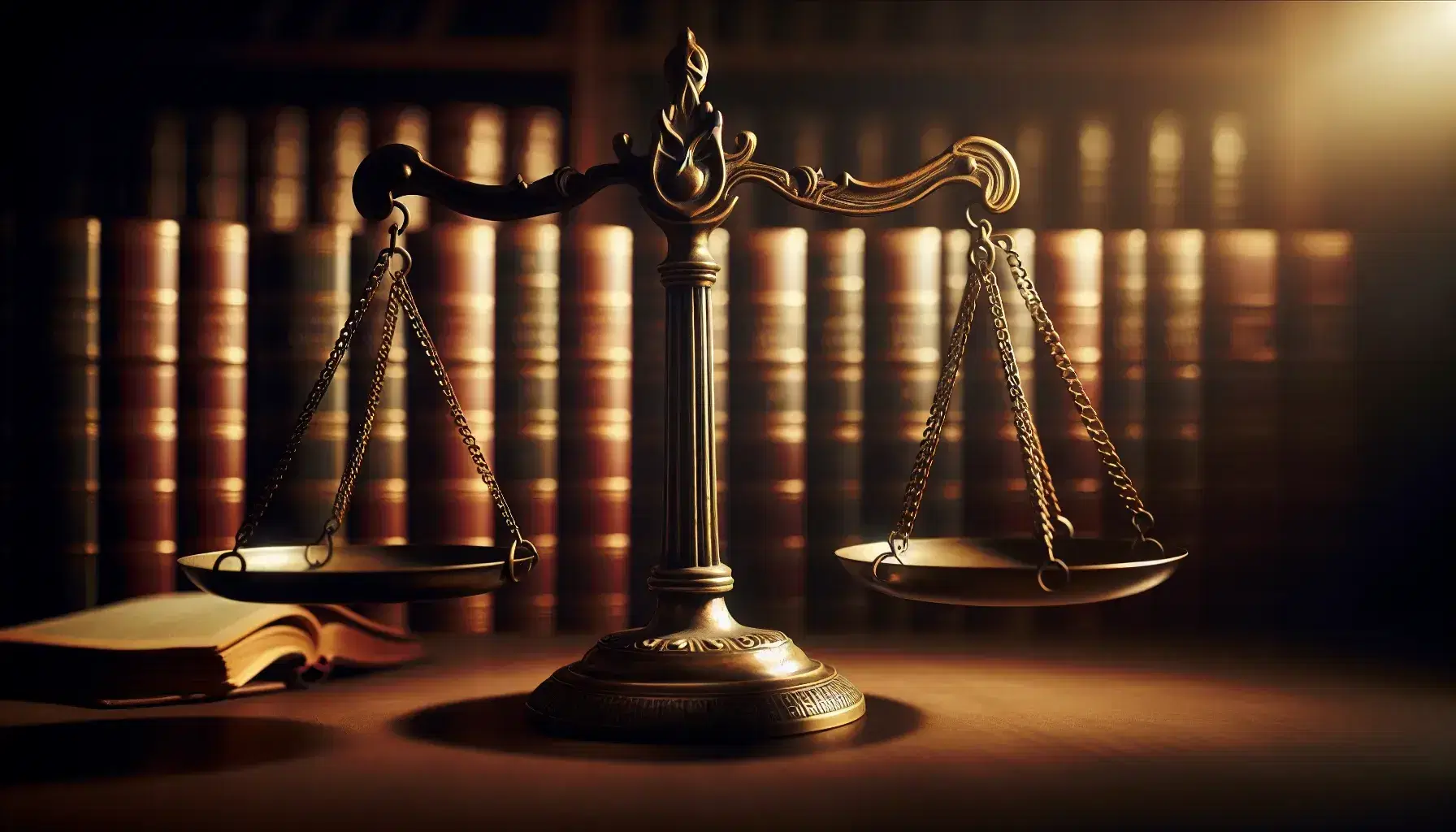 Balanza de justicia de bronce equilibrada sobre mesa de madera oscura, con libros encuadernados en cuero al fondo, reflejando una luz suave y cálida.