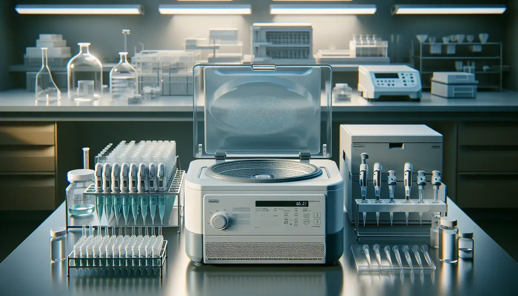Laboratory workbench with microcentrifuge, gradient-colored micropipettes, thermal cycler, petri dish with bacterial colonies, and scientist noting data.