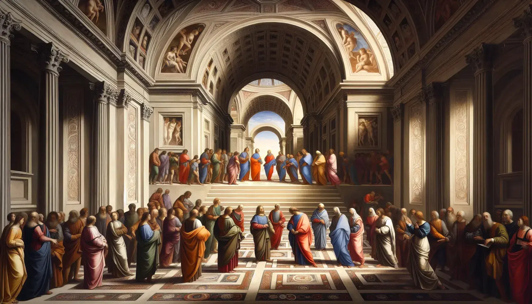 Reproducción al óleo de 'La Escuela de Atenas' de Rafael, con figuras clásicas debatiendo en una arquitectura renacentista iluminada por la izquierda.