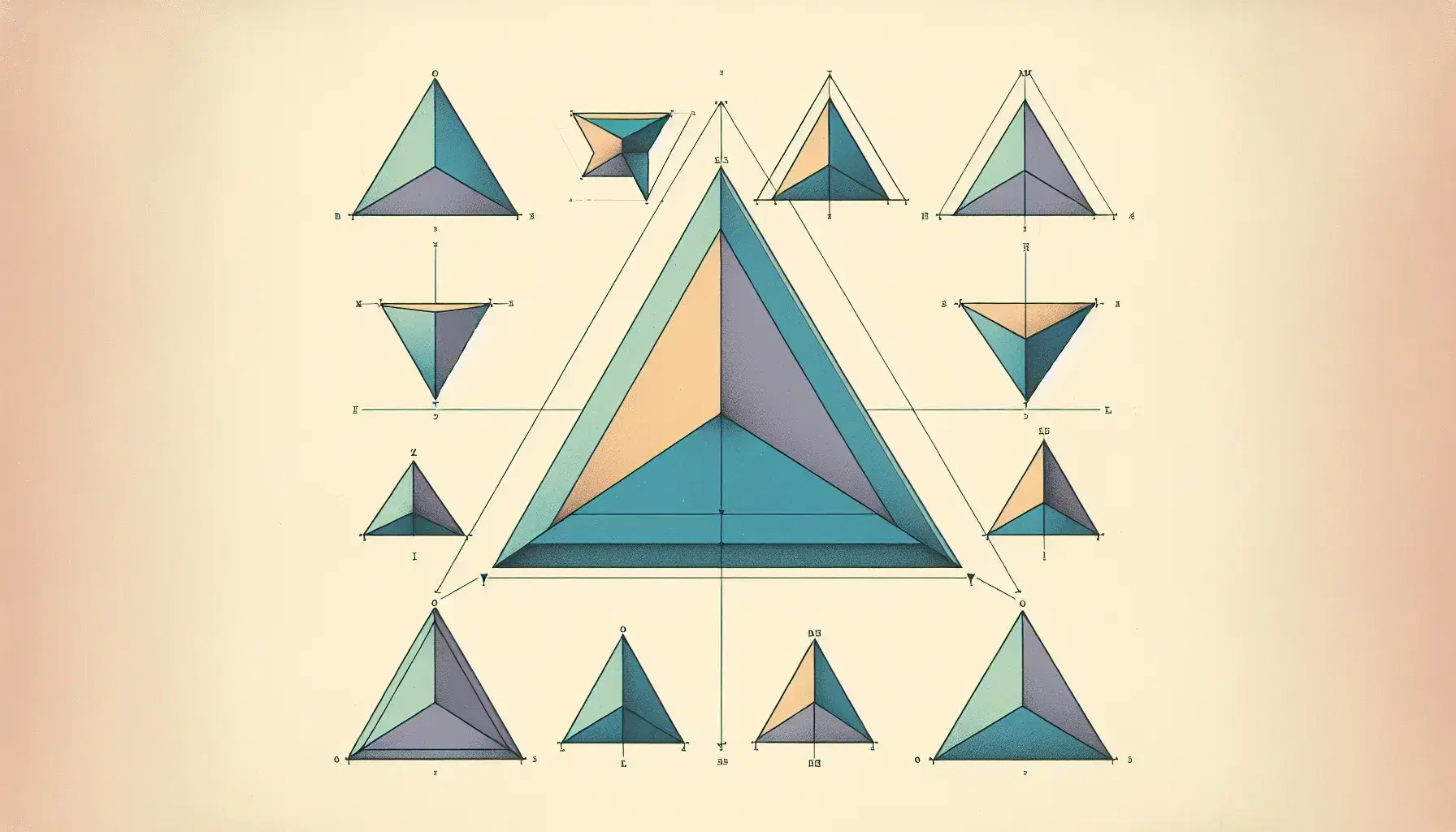 Variety of colored triangles on white background with grid, including equilateral in sky-blue, lavender isosceles, pale green scalene, and light orange right-angled.