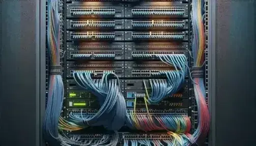 Primer plano de un rack de telecomunicaciones con paneles de parcheo y cables organizados en azul, rojo y amarillo, conectados a switches de red con luces LED en un centro de datos.