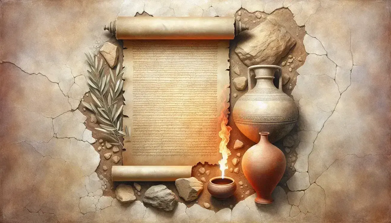 Pergamena antica su sfondo di terra arida con anfora terracotta, lampada ad olio accesa e pianta d'olivo, evocando Israele antico.