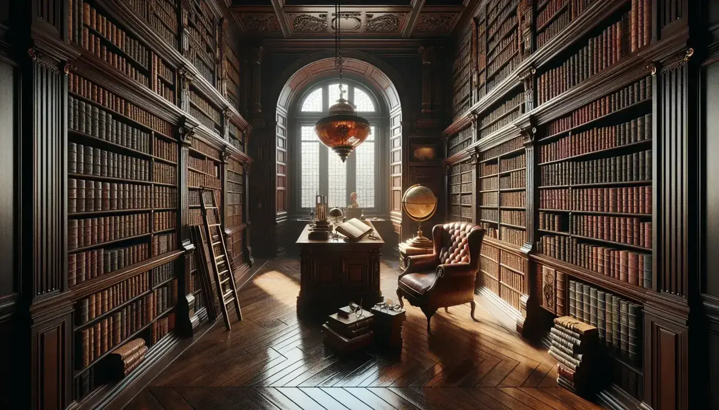 Biblioteca antica con scaffali in legno scuro pieni di libri rilegati, scrivania con libri aperti e occhiali, lampada pendente e poltrona in pelle vicino a finestra.