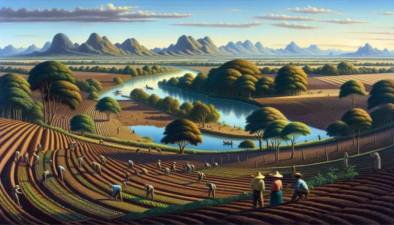 Campo agrícola con trabajadores cuidando cultivos, río serpenteante y montañas al fondo en un paisaje rural sin construcciones.