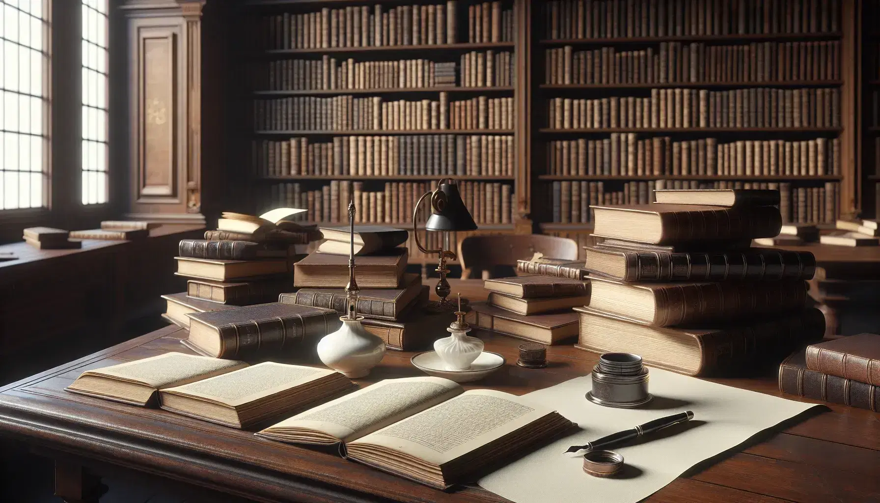 Biblioteca antigua con mesa de madera oscura y libros abiertos, pluma fuente junto a tintero de porcelana, estantes llenos de libros y lámpara de pie que ilumina suavemente.