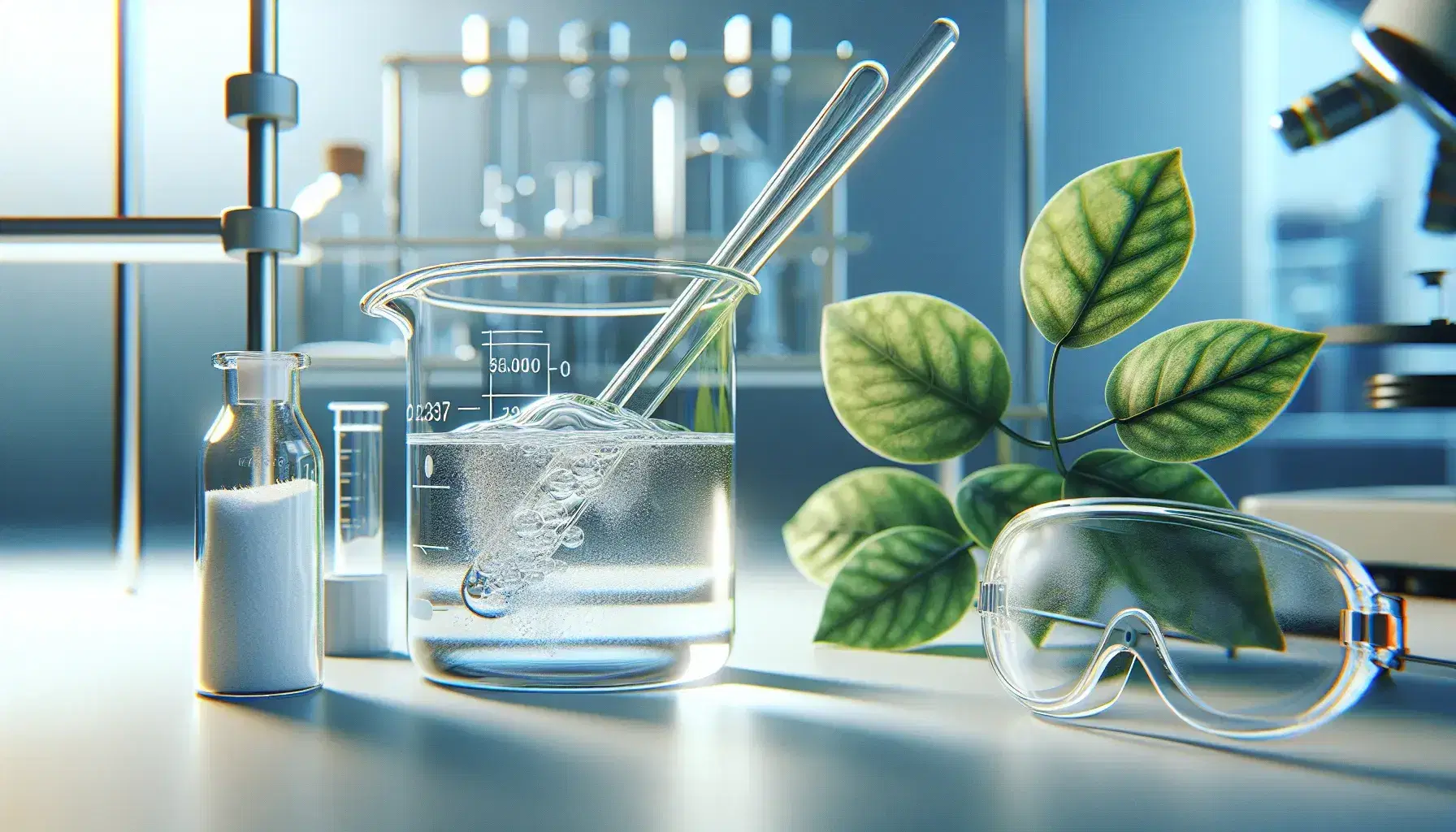 Glass beaker with colorless liquid and stirring rod, vial with white crystalline powder, safety glasses and green branch in laboratory.