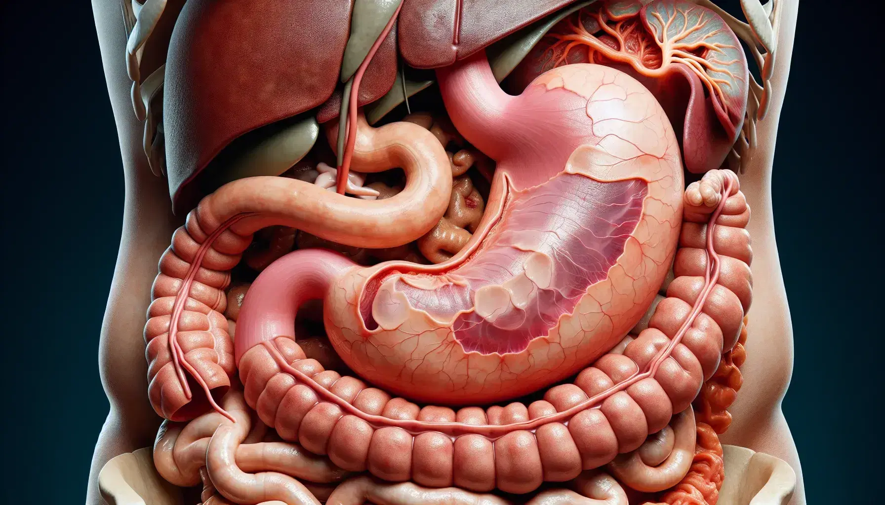 Vista anatómica detallada del estómago humano en el sistema digestivo, mostrando su forma de 'J', curvaturas y mucosa gástrica, rodeado de hígado, páncreas e intestino delgado.