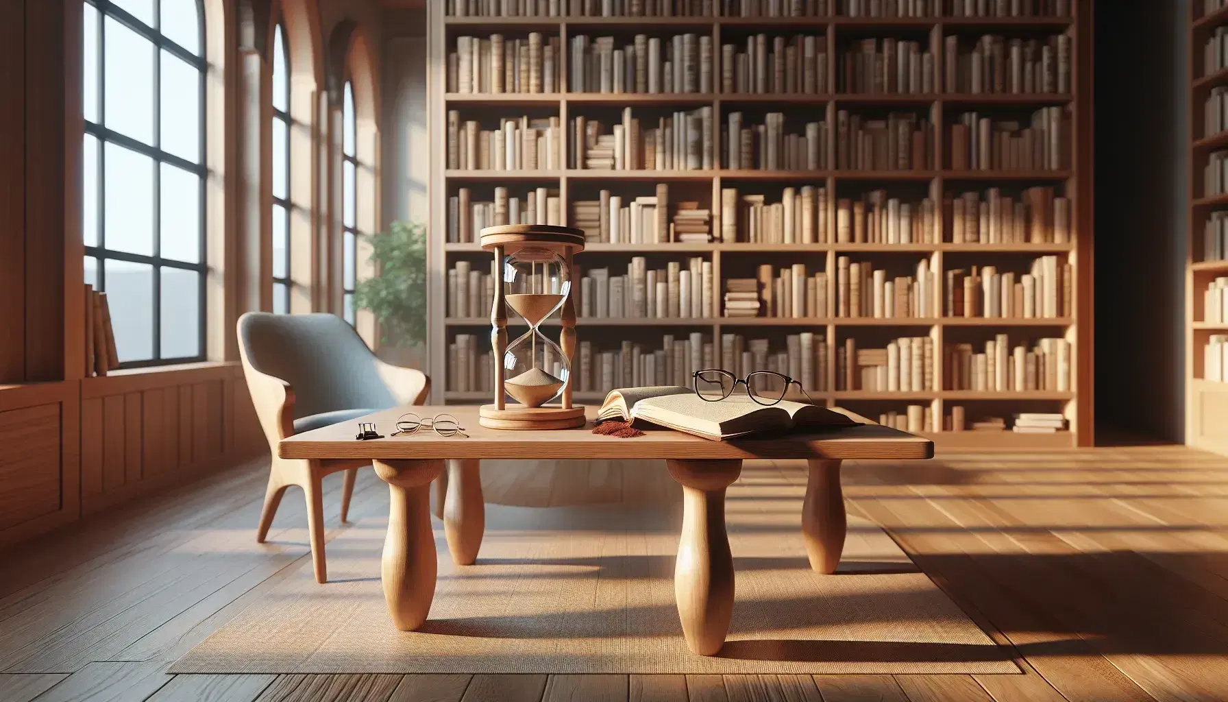 Biblioteca luminosa con estanterías de madera llenas de libros, mesa con reloj de arena y gafas, silla con cojín azul y luz natural.