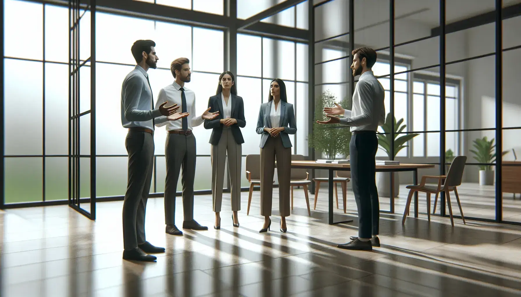 Grupo de cinco profesionales en reunión de pie en una oficina iluminada por luz natural, escuchando atentamente a un colega que explica un concepto.