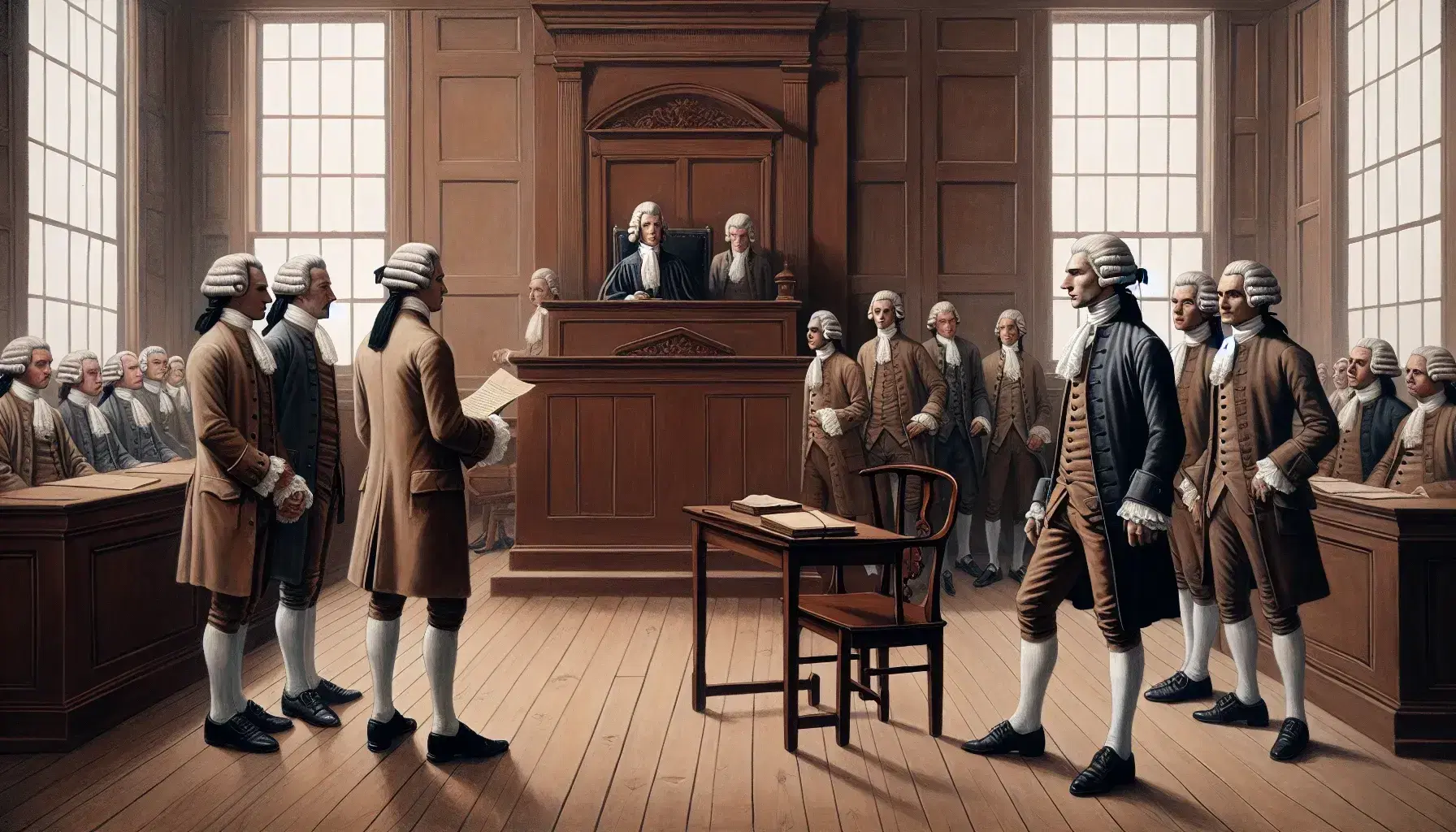 Late 18th-century courtroom scene with a judge's bench, group of men in period attire discussing, and a lone man facing the bench, all in natural light.