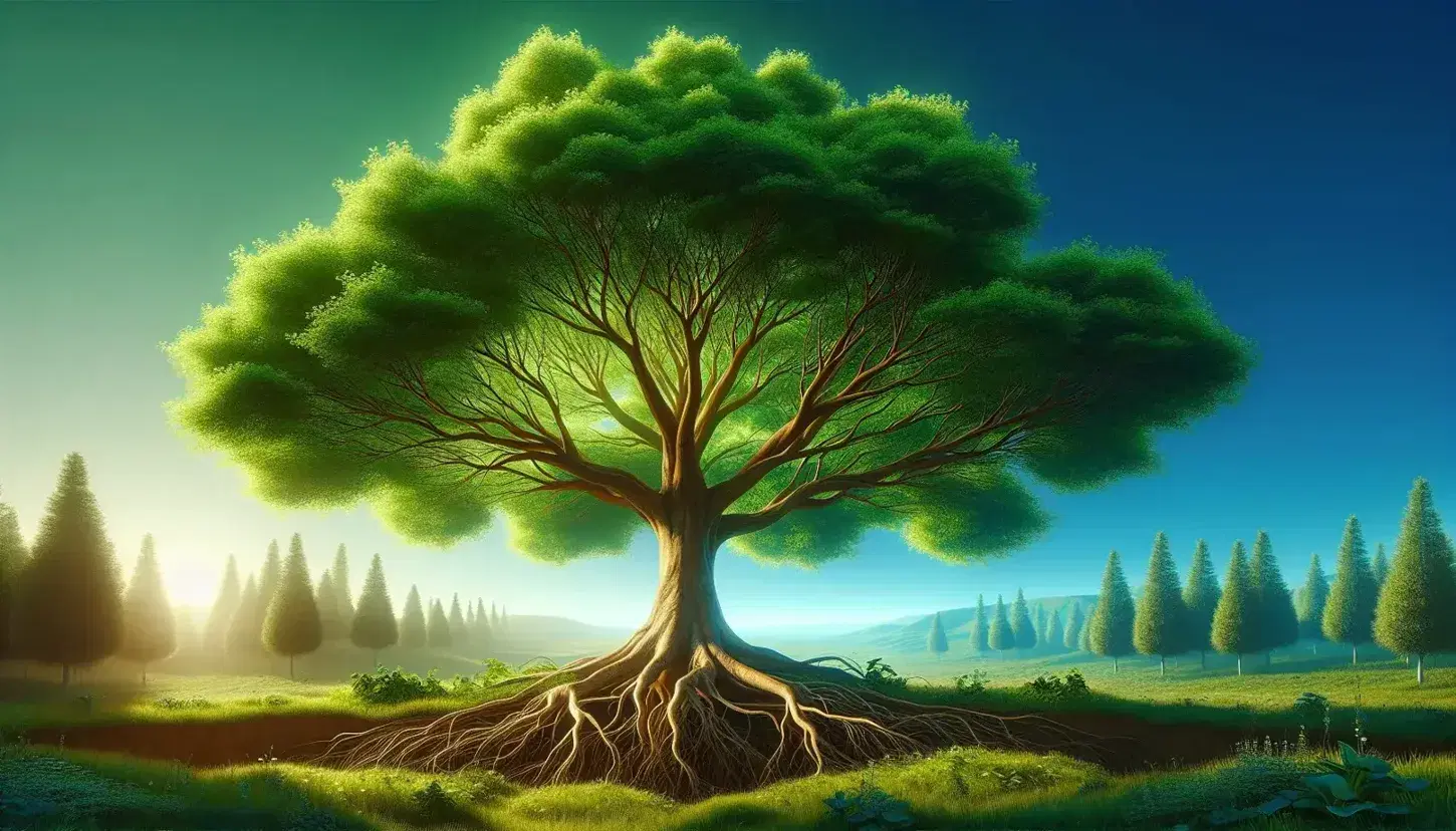 Majestic green tree with expansive leafy canopy and thick trunk, sunlight filtering through branches onto grass, surrounded by young saplings.