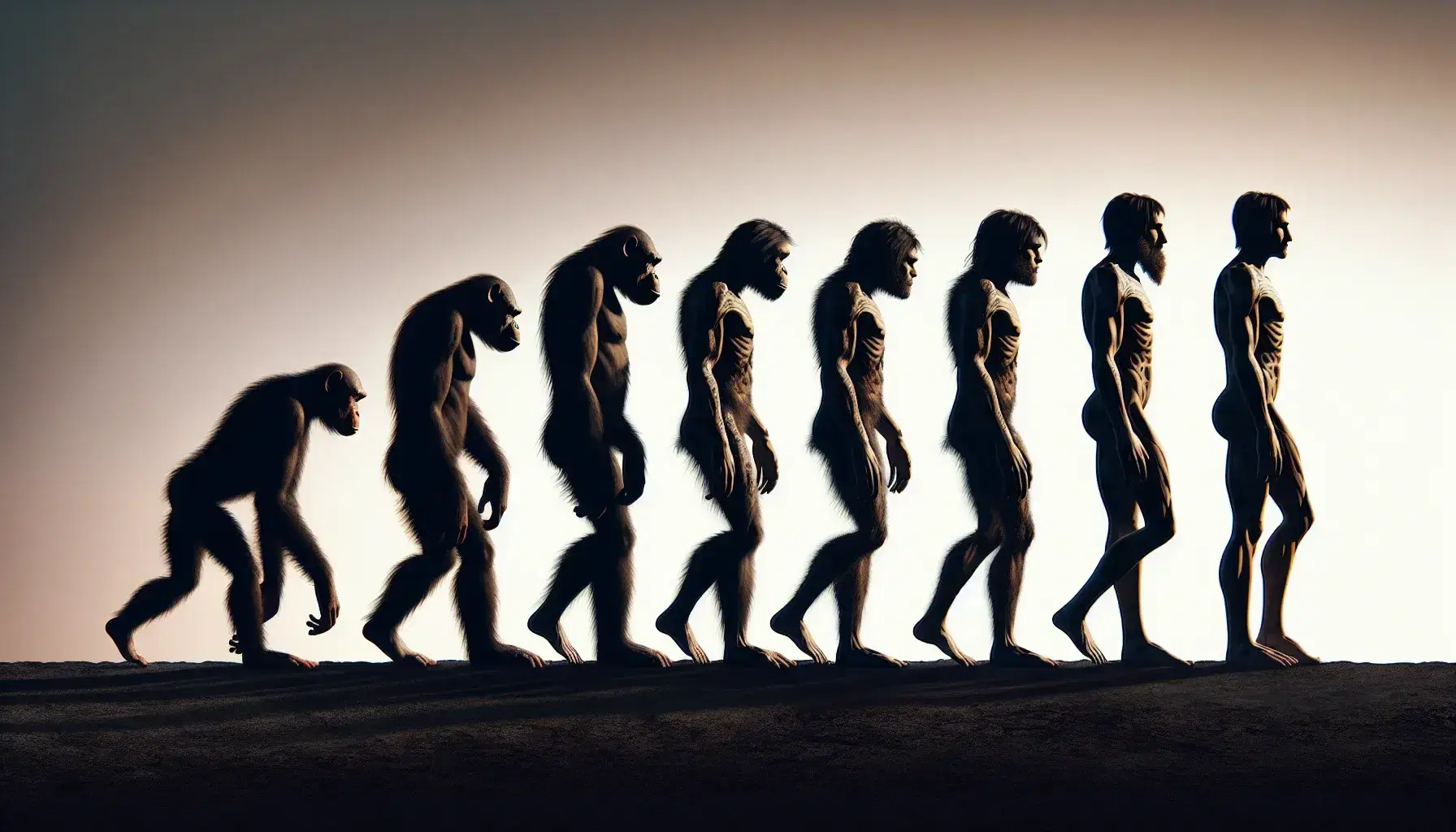 Secuencia evolutiva de siluetas desde primate cuadrúpedo a humano moderno, mostrando cambios posturales y de pelaje en gradiente de fondo.