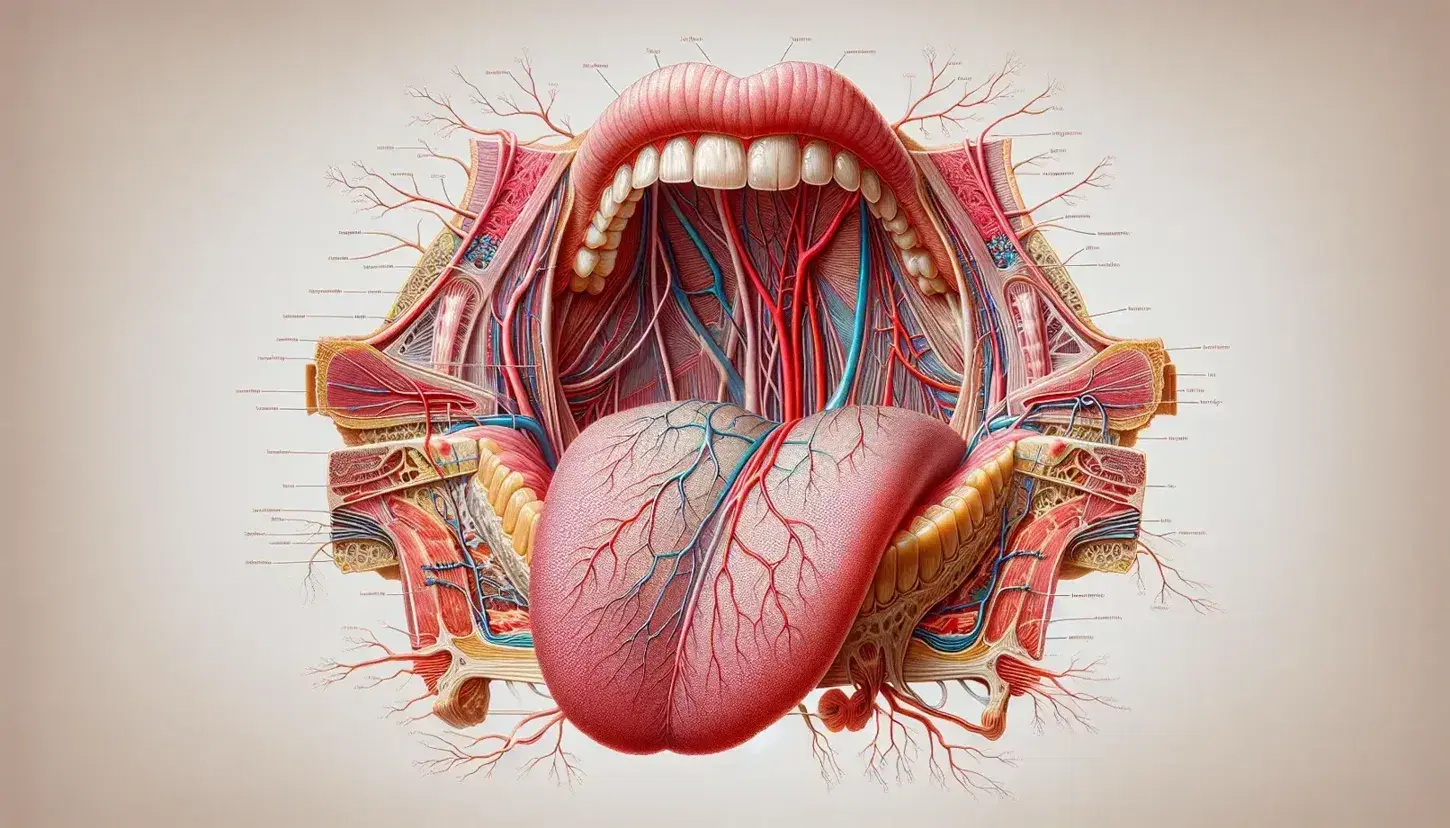 Vista en corte transversal de la lengua humana mostrando músculo transverso, irrigación arterial y venosa, y nervios periféricos.