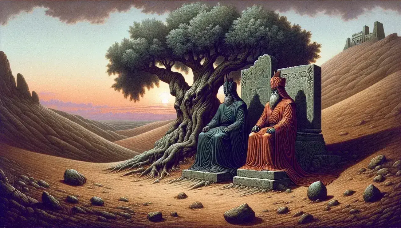 Paesaggio arido con grande ulivo, due troni in pietra e figure in abiti drappeggiati sotto un tramonto dai colori vivaci.