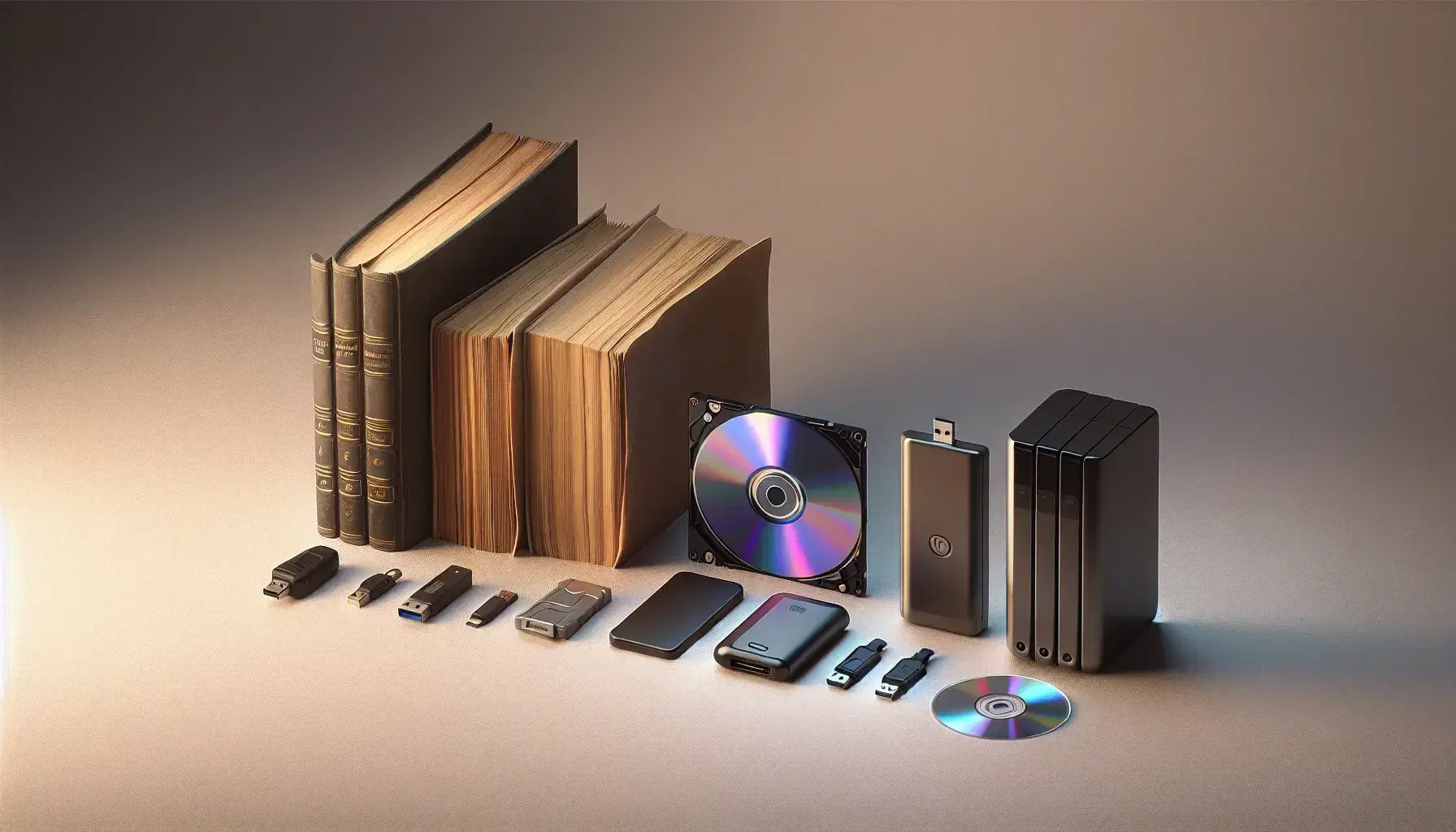 Evoluzione dispositivi di memorizzazione da fogli di carta e libro marrone a hard disk esterno, CD-ROM, chiavetta USB rossa e SSD nero.