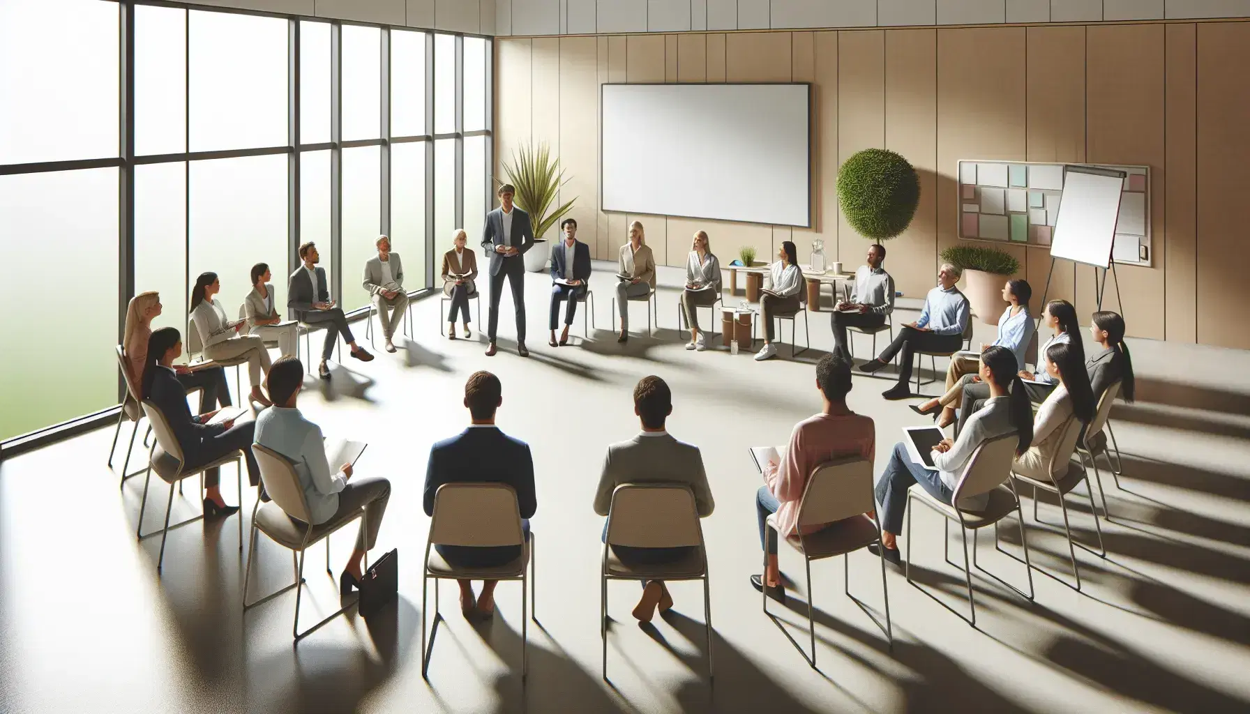 Grupo diverso de adultos atentos en semicírculo durante un taller, con una persona de pie presentando en una sala iluminada naturalmente, sin textos visibles.