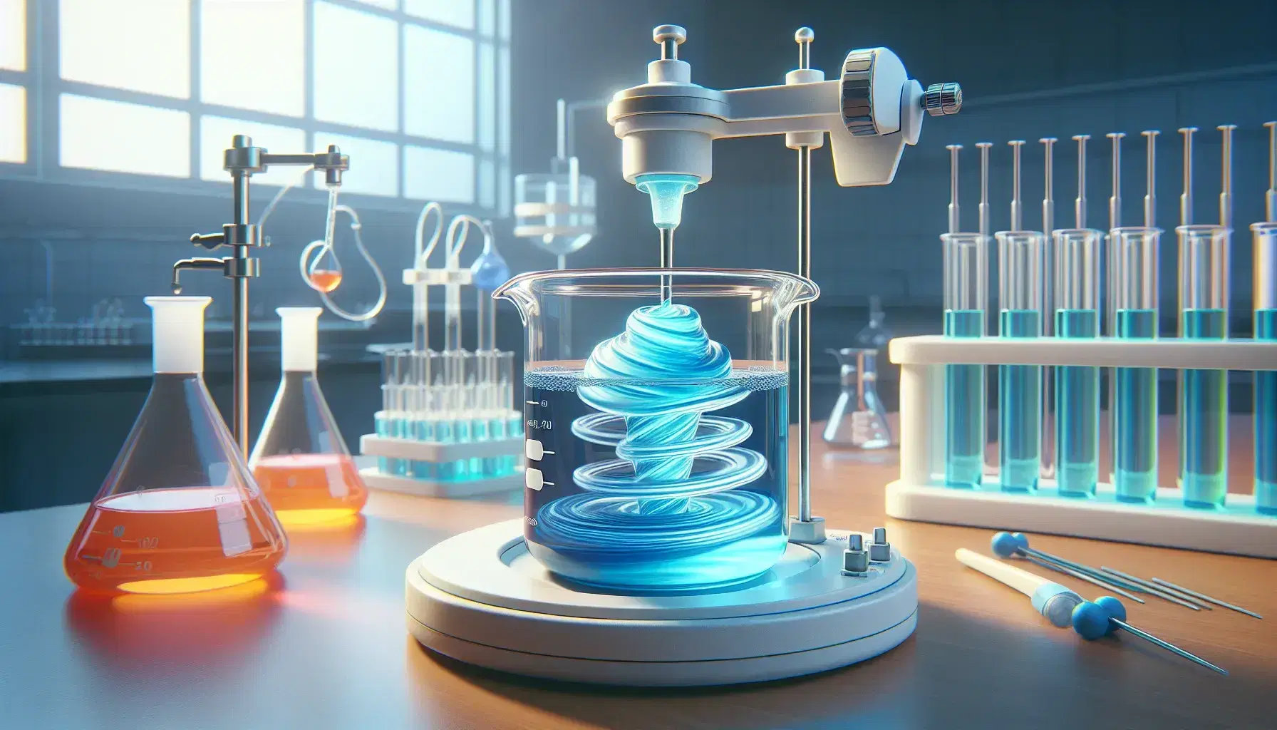 Laboratory with beaker on magnetic stirrer containing blue solution, burette with colorless liquid, test tubes with orange and green solutions, safety glasses and tweezers.