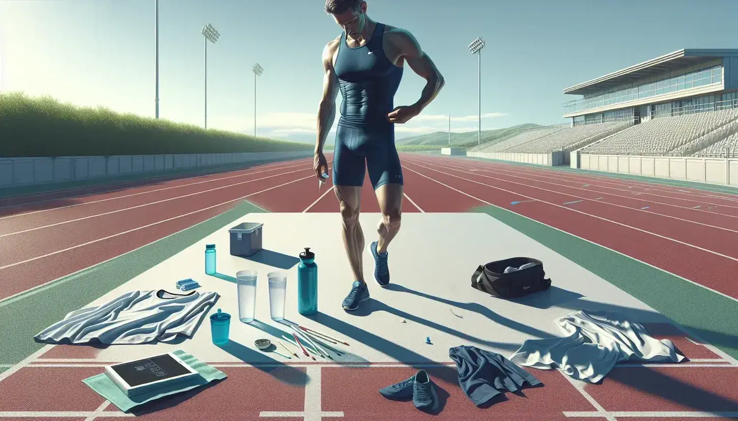 Atleta in tenuta blu si riposa su pista di atletica con bottiglia d'acqua, sotto cielo azzurro, con tribune vuote e tavolo con oggetti sportivi.