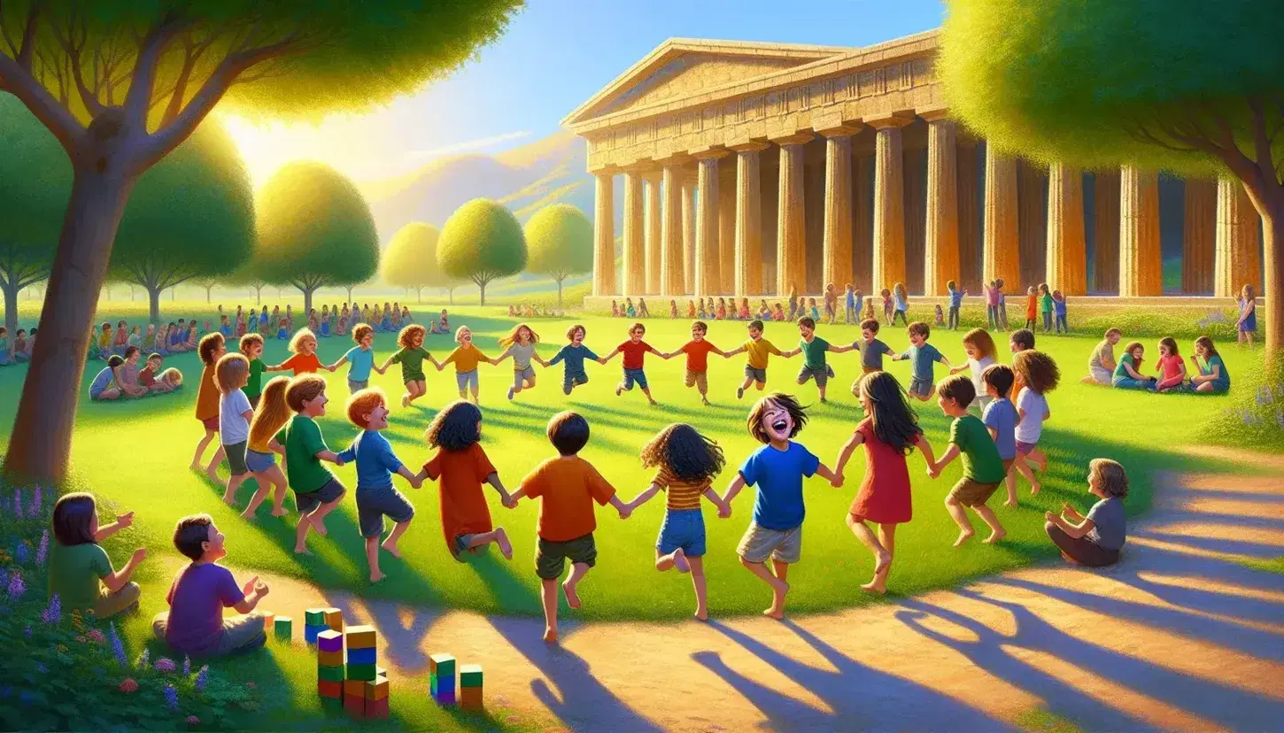 Bambini sorridenti giocano all'aperto formando catena umana, con sfondo di tempio antico e cielo sereno.