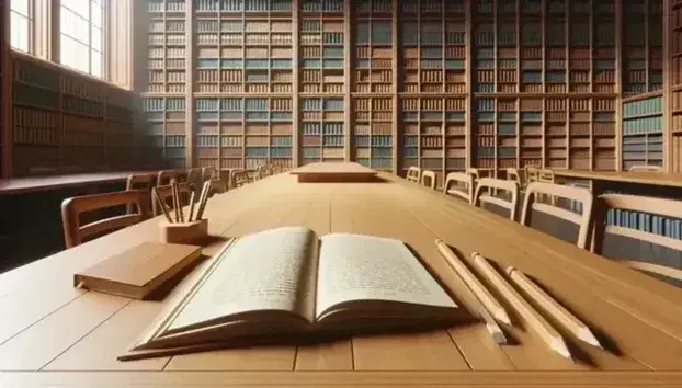 Biblioteca tranquila con mesa de madera y libro abierto, lápiz al lado, estantería llena de libros coloridos y figura humana leyendo al fondo.