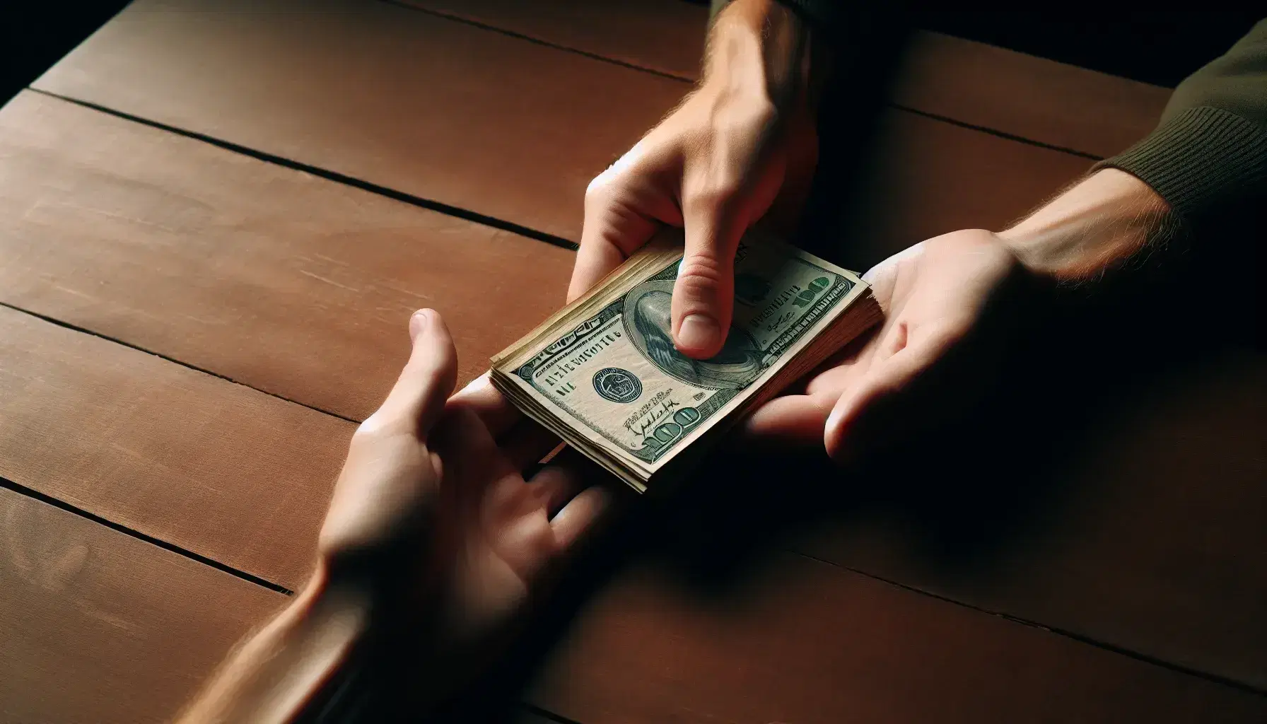 Hands exchanging unmarked greenish paper currency over a wooden table, highlighting a simple financial transaction in a muted color setting.