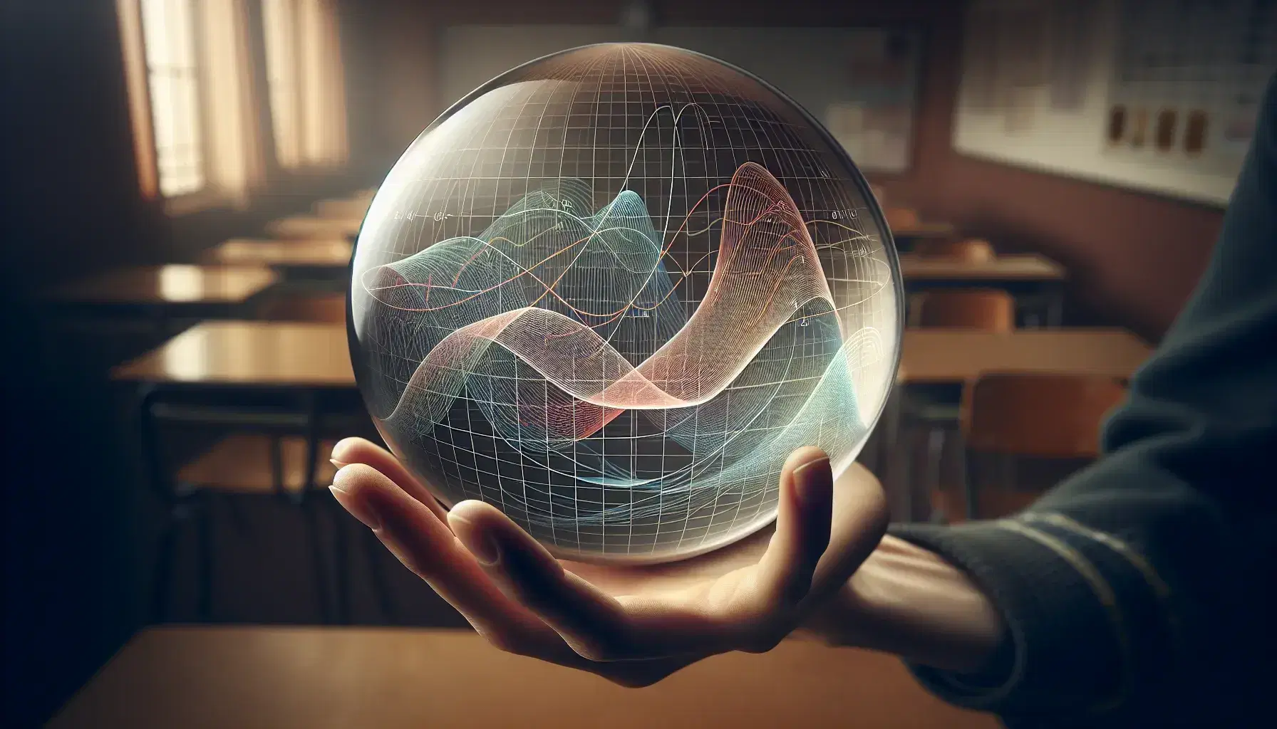 Hands holding a glass sphere with colorful mathematical graphs inside, set against a blurred classroom background.