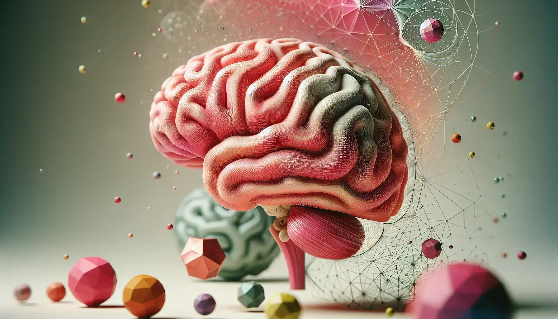Cerebro humano en tonos rosados con surcos característicos sobre fondo neutro, acompañado de figuras geométricas 3D y árbol desenfocado.