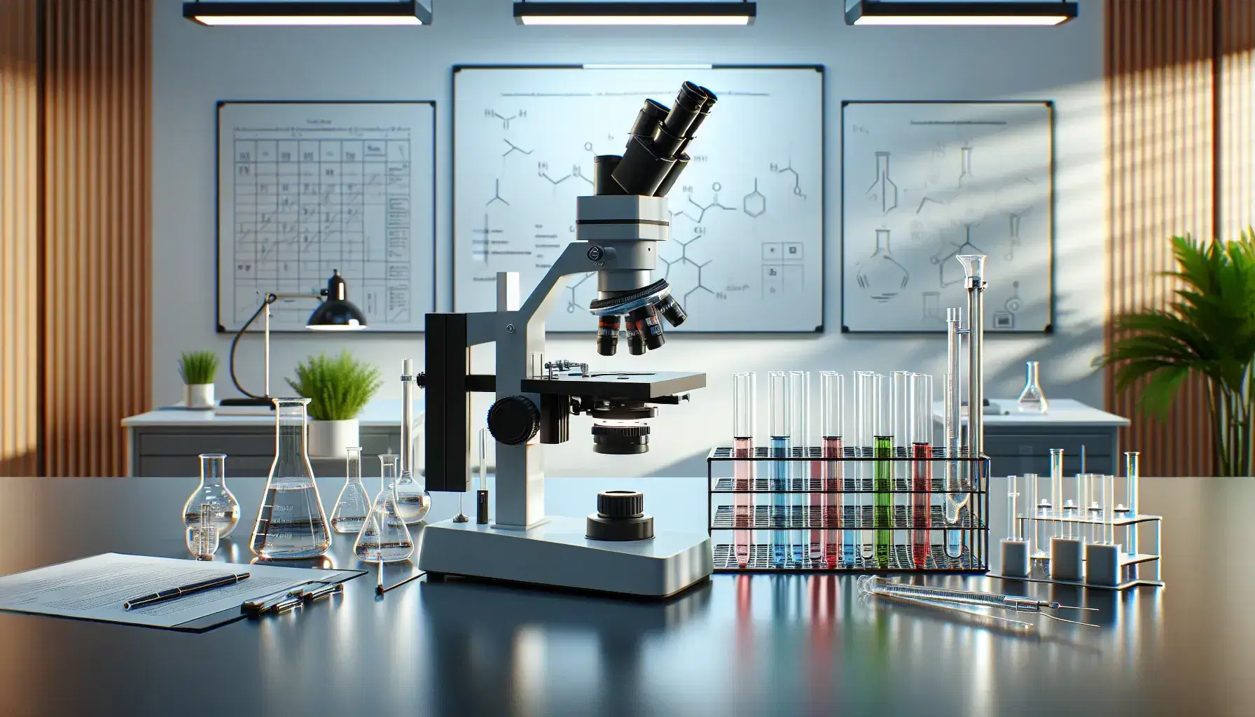 Laboratorio de investigación con microscopio moderno, tubos de ensayo de colores en estante y pipeta automática, fondo con pizarra y planta verde.