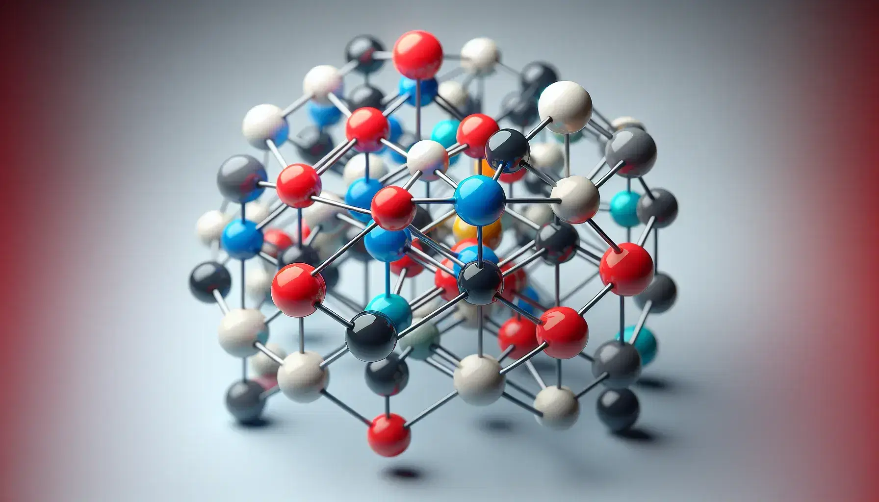 Estructura tridimensional de molécula con esferas de colores rojo, azul, blanco y negro unidas por varillas grises, en fondo neutro.