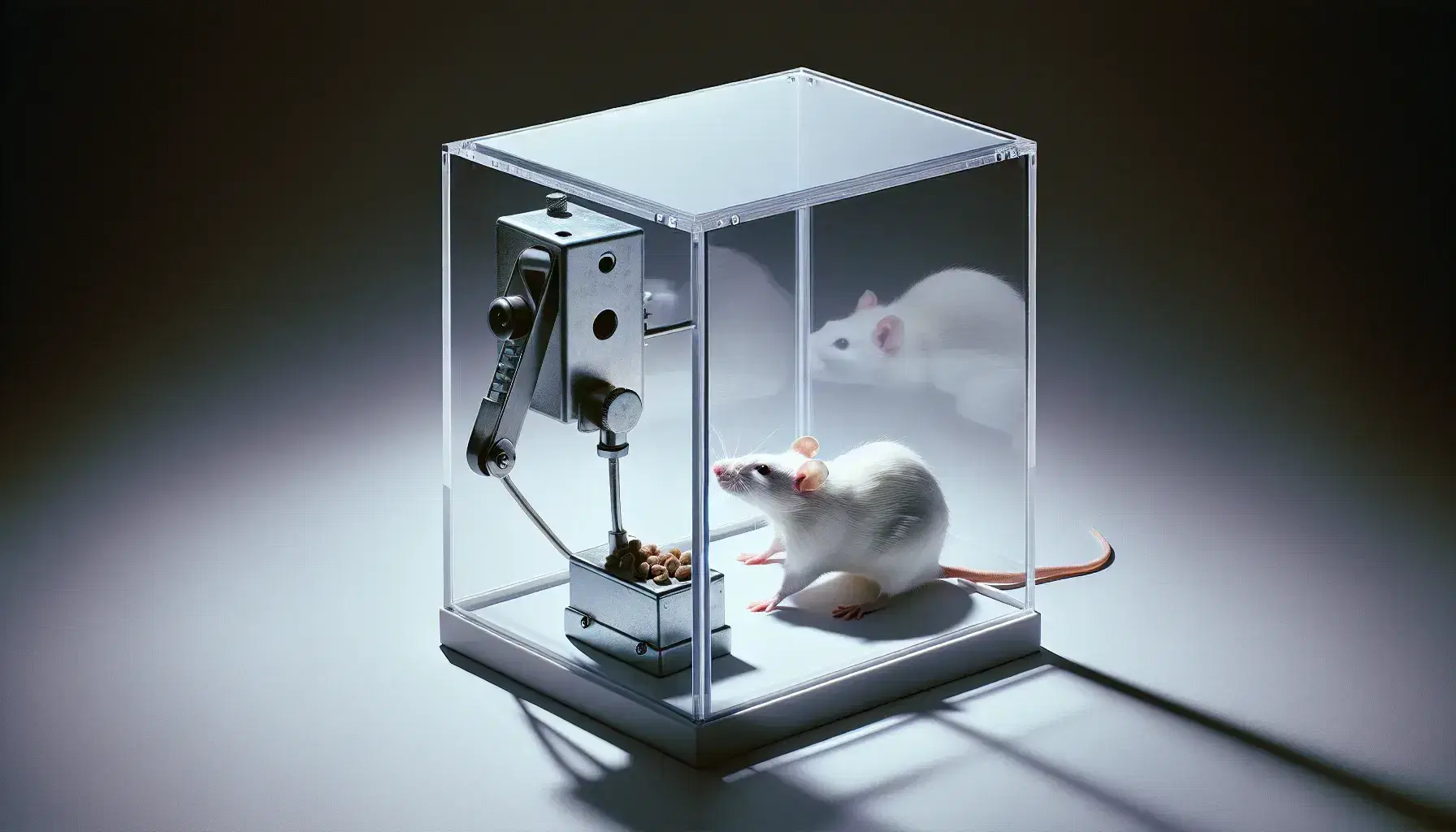 Rata de laboratorio blanca en una caja de Skinner transparente, de pie y a punto de presionar una palanca metálica junto a un dispensador con alimento.
