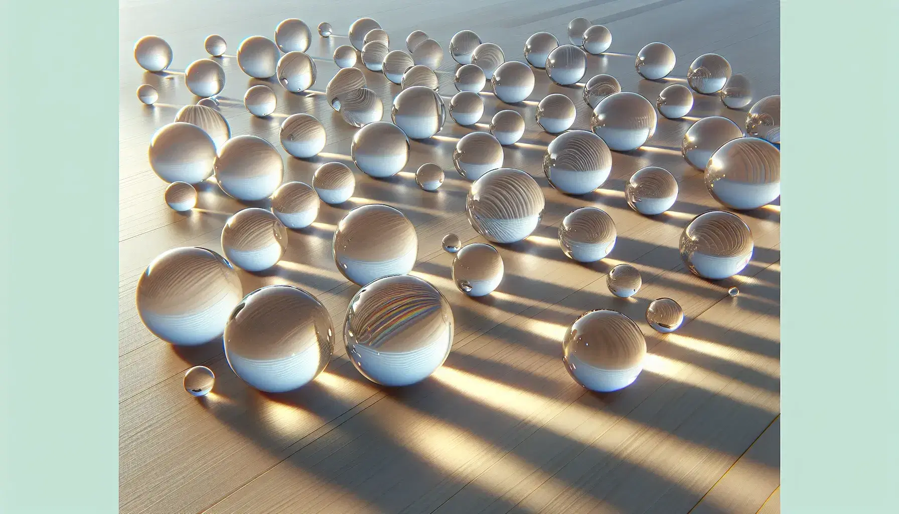 Sfere di vetro trasparenti di varie dimensioni riflettono la luce su superficie in legno chiaro lucido, creando giochi di riflessi e arcobaleni.