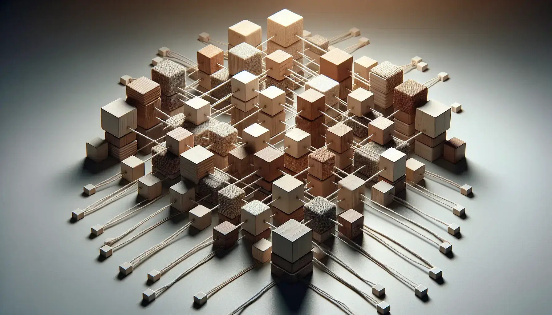 Struttura di blocchi di legno cubici di varie dimensioni e tonalità, collegati da corde sottili su superficie neutra, che simula un diagramma o rete.